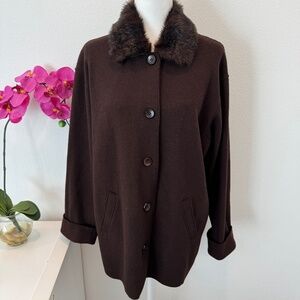 Jones New York Signature Brown Wool Blend Coat With Faux Fur Collar Size Large